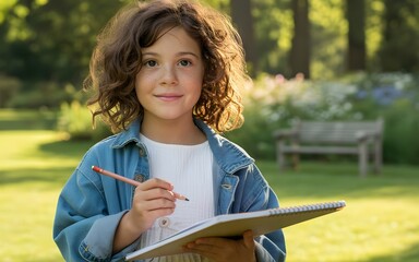 Happy Young Girl Drawing Outdoors in Sunny Park