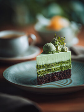 Green matcha cake pistachio, Dubai chocolate style. AI Generative