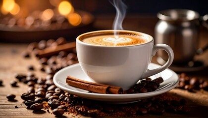 Aromatic coffee latte on a rustic table