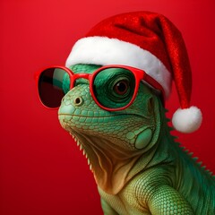 Holiday Iguana Wearing Santa Hat and Red Glasses Portrait