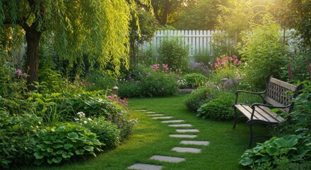 Sunlit Garden with Blooming Flowers and Wooden Bench