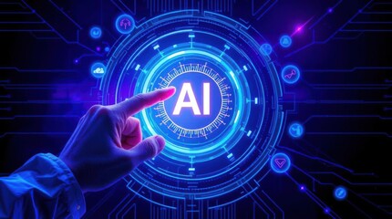 Fototapeta premium Artificial intelligence integration. Digital concept with a hand touching a glowing AI interface.