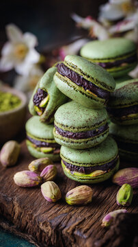 Baked pistachio flavored french macarons sitting on wooden table surrounded by fresh pistachio. AI Generative