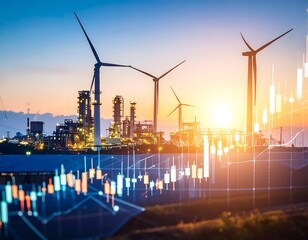 Industrial landscape with financial data overlay