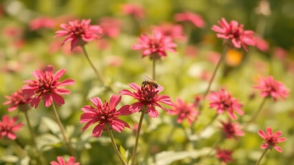 Honeybee gathers nectar on a pretty pink flower in a field of blooms under the soft summer sun