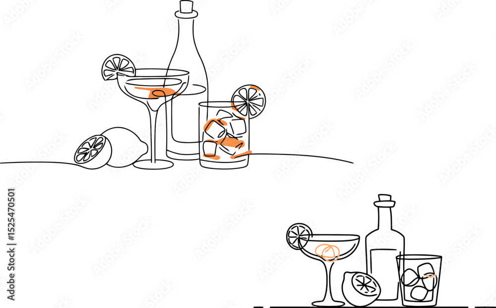 Fototapete two arrangements of continuous line art depicting cocktails. Bottles, glasses with drinks, and lemons are rendered in a single flowing line. The style is minimalist and modern, suitable for bar menus 