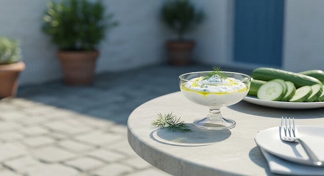 Tzatziki Dip with Cucumbers Outdoor Mediterranean Setting