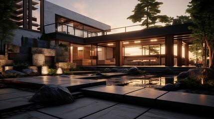 Obraz premium A photo of a modern house with a courtyard