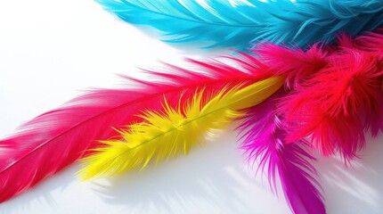 Obraz premium Colorful feathers create a vibrant display, with shades of blue, pink, red and yellow against white.