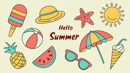 Colorful Summer Icons with Hello Summer Greeting