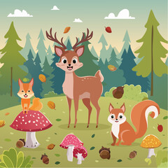Obraz premium Forest Friends – Deer, owls, squirrels around mushrooms and acorns. 