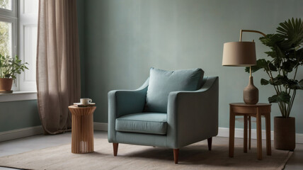 Cozy Blue Armchair in a Serene Living Room Reading Nook