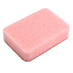 Pink rectangular cleaning sponge isolated, household item for washing dishes and surfaces, soft and absorbent
