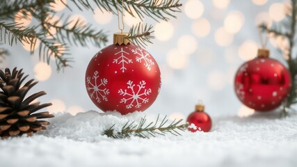 Festive holiday composition featuring red decorative spheres hanging from evergreen branches surrounded by delicate snowy details