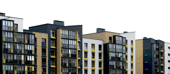 Building with panoramic windows and yellow wood facade. Modern apartment architecture featuring