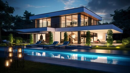 Obraz premium A photo of a modern house with a designer lighting