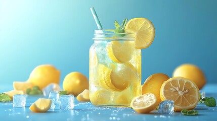 Fototapeta premium Vector flat design of a lemonade jar and glass, both filled with sliced lemons, mint, and ice cubes, surrounded by scattered citrus wedges and droplets. Soft gradient sky blue background.