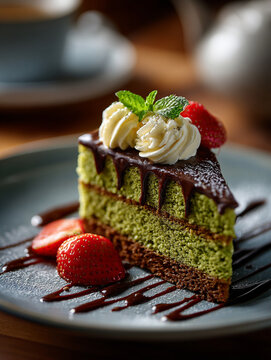 Green matcha cake pistachio, Dubai chocolate style. AI Generative