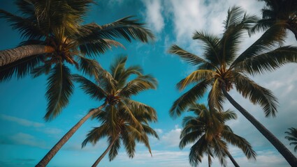 A group of palm trees against a blue sky with scattered clouds.