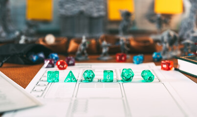 Dice roll for role playing tabletop game and board game fantasy adventure story hobby concept gamer room table