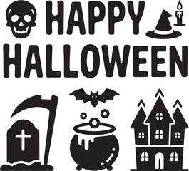Happy Halloween greeting with skull cauldron bat haunted house and grave