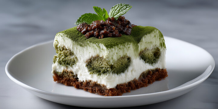 Matcha Tiramisu, Italian Tiramisu Cake with Matcha Green Tea. AI Generative