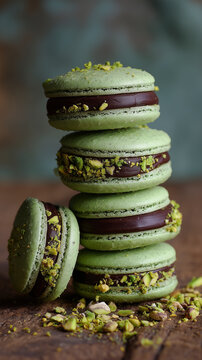 Baked pistachio flavored french macarons sitting on wooden table surrounded by fresh pistachio. AI Generative