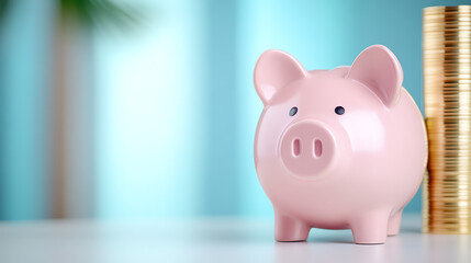 A cute pink piggy bank next to a stack of golden coins symbolizes saving and financial growth.