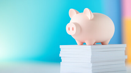 A cute pink piggy bank sitting on a stack of white papers with a colorful background, symbolizing savings and finance.