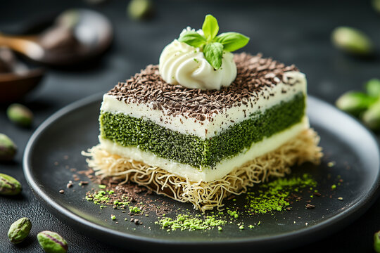 Dubai Chocolate Crumbled Pastry Revealing Pistachio Filling and Sponge Cake Layers. AI Generative