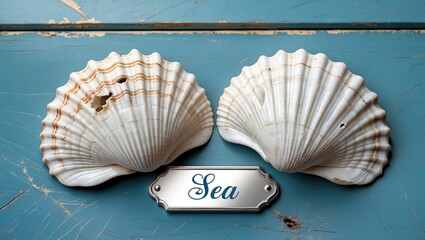 Two sea shells placed on a blue wooden surface with a "Sea" label underneath.