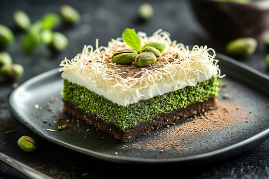 Dubai Chocolate Crumbled Pastry Revealing Pistachio Filling and Sponge Cake Layers. AI Generative