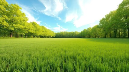 Lush green field with trees under a bright blue sky offers a tranquil, open space for recreation and relaxation