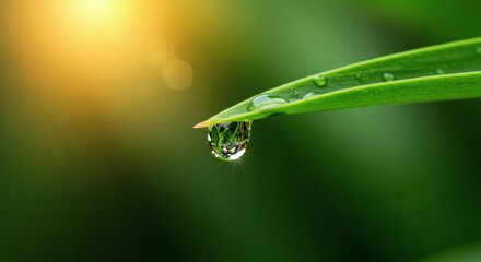 Water Drop on Leaf Natures Tiny Mirror Reflecting Sunlights Glow.