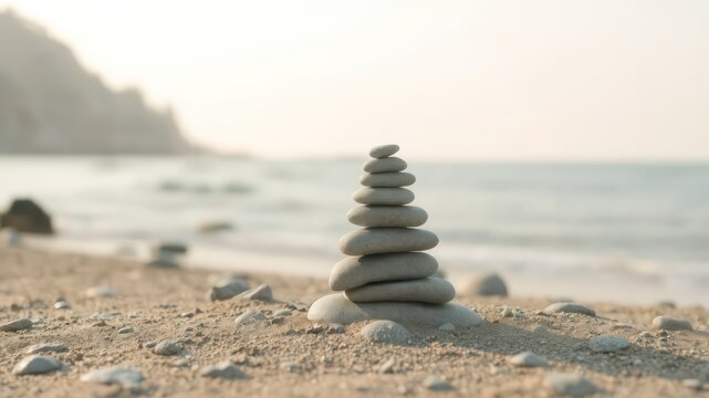Zen stones stacked on a sandy beach near the water, representing balance, serenity, and a peaceful, natural coastal environment