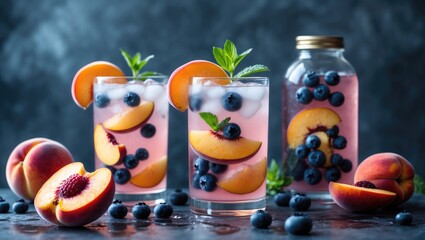 Fruits-infused beverages with peaches, blueberries, and mint in glasses and a jar, surrounded by fresh peaches and peach slices. Refreshing fruit drinks.