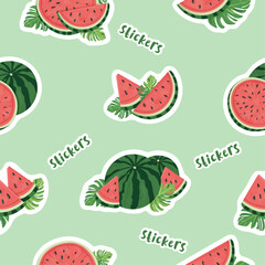 Seamless Watermelon Sticker Pattern on Light Green Background – Vector Design with Whole Fruits, Slices and Leaves for Kids, Summer Decor, Watermelon Day and Home Textiles

