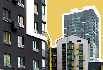 Buildings with modern high rise and mid rise apartment architecture. Urban collage with geometric