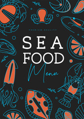 Restaurant line art seafood menu design with crab, rapana, starfish, octopus, lobster, oyster and shrimps. Vector illustration