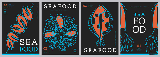 Set of modern magazine covers or posters with line art seafood. Restaurant seafood menu design. Vector illustration © annbozhko