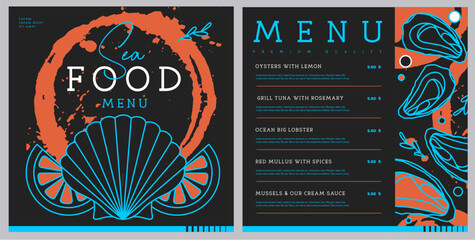 Restaurant line art seafood menu design with scallop, oysters and lemon. Vector illustration © annbozhko
