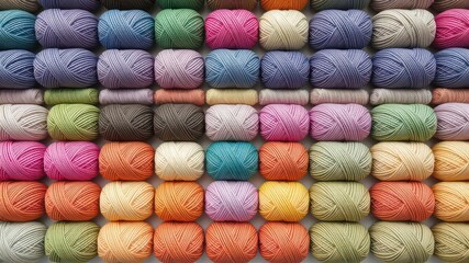 Colorful yarn balls neatly organized create a textured backdrop ideal for crafting, hobby, and artistic projects
