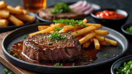 Juicy steak with French fries on a sizzling plate surrounded by various side dishes.