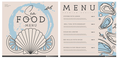 Restaurant line art seafood menu design with scallop, oysters and lemon. Vector illustration