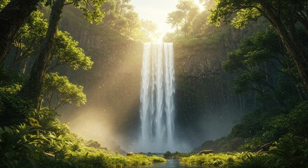 Waterfall in lush forest sunlight streaming through trees