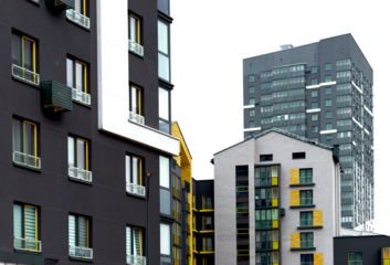Buildings with modern architecture and colorful wood panel facades. High rise modular apartment