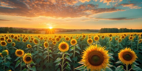 Obraz premium Sunflower field at sunset with the sun setting over the horizon, vibrant yellow sunflowers, and a partly cloudy sky.