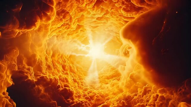 Surreal cosmic face formed in fiery glowing cloud sky with radiant energy
