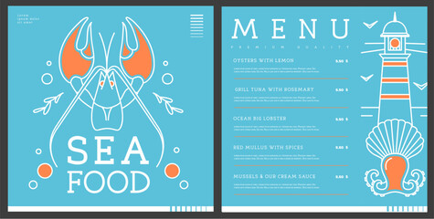 Obraz premium Restaurant line art seafood menu design with lobster, octopus, lighthouse and scallop. Vector illustration