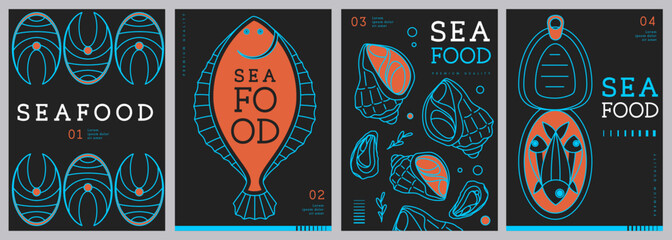 Set of modern magazine covers or posters with line art seafood. Restaurant seafood menu design. Vector illustration © annbozhko